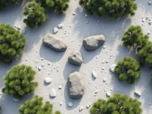 Minimalist Rock Grouping - Aerial view of three large standing stones arranged in a triangular pattern on a bed of white gravel, surrounded by low-growing juniper