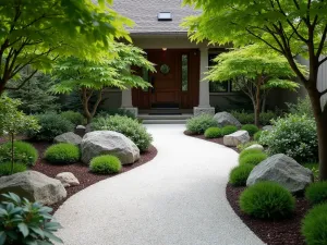 Minimalist Stone Path Zen Entry - A serene front yard zen garden with a winding stone path lined with carefully raked white gravel, featuring strategically placed granite boulders and neatly trimmed dwarf Japanese maples, shot from a welcoming entrance perspective