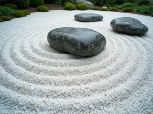 Minimalist Zen Rock Garden - A serene minimalist zen rock garden with carefully raked white gravel patterns forming concentric circles around three large dark granite stones, surrounded by small moss patches