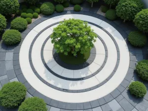 Minimalist Zen Sanctuary - Aerial view of a modern minimalist zen garden featuring concentric circles in white gravel, surrounded by black slate pathways and single mature Japanese maple as focal point