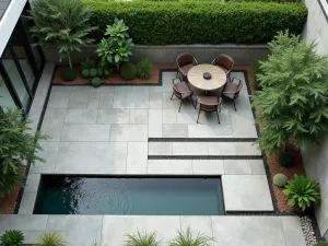 Modern Zen Courtyard - Aerial view of a contemporary zen garden courtyard with clean lines, featuring rectangular water features, geometric stone placement, and minimal plantings