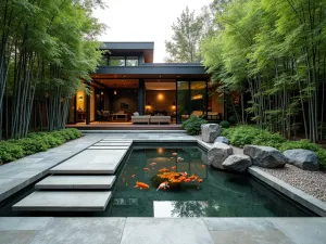 Modern Zen Entry Garden - Wide-angle view of a contemporary front yard zen garden with floating concrete steps over a koi pond, surrounded by black bamboo and modern sculptural elements