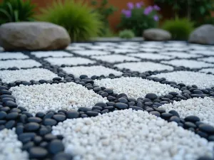 Modern Zen Grid - Close-up of a contemporary zen garden featuring a grid pattern of square granite pavers set in white gravel, with small black river rocks filling the gaps