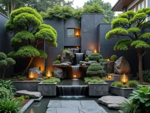 Modern Zen Wall Garden - Contemporary vertical zen garden with cascading water over slate tiles, accented by mounted bonsai trees and LED lighting, evening atmosphere