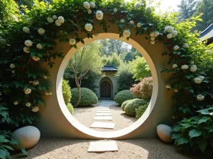 Moon Gate Zen Garden - Eye-level shot of a small circular moon gate entrance with climbing jasmine, leading to a tiny zen garden with raked sand