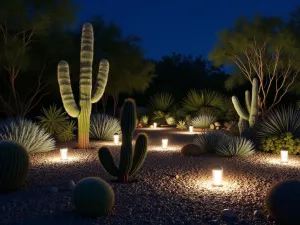 Moonlight Desert Garden - Night scene of a desert zen garden illuminated by modern LED ground lights, highlighting white flowering cacti and silver-toned desert plants