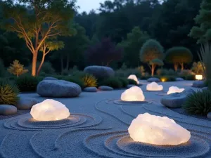 Moonlight Rock Garden - Evening scene of a zen rock garden with white quartz rocks glowing in subtle landscape lighting, surrounded by raked patterns in pale gray gravel