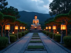 Moonlit Buddha Garden - Evening scene of a Buddha statue illuminated by traditional stone lanterns, surrounded by cloud-pruned bushes and raked gravel patterns