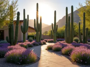 Morning Zen Vista - Wide-angle view of morning light casting long shadows across a desert zen garden, featuring tall cereus cacti and purple desert sage