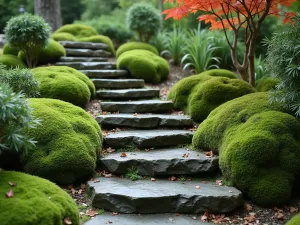 Moss Garden Steps - Natural stone steps covered in lush moss, leading through a peaceful garden setting with Japanese forest grass and small maple trees