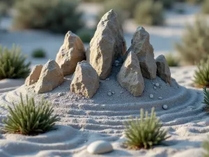 Mountain-Inspired Rock Formation - Close-up of an artistically arranged group of jagged rocks mimicking a mountain landscape, surrounded by precisely raked gravel ripples and small juniper bushes