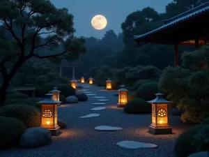 Night Lantern Garden - Evening shot of traditional stone lanterns illuminating a zen garden path, with moonlight casting shadows on raked gravel, mysterious atmosphere