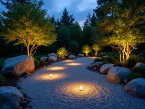 Night Lit Zen Garden - Evening shot of a front yard zen garden with strategic uplighting on boulders and trees, creating dramatic shadows on raked gravel patterns