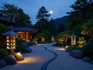 Night Zen Garden - Evening scene of a zen garden illuminated by traditional stone lanterns and modern ground lighting, highlighting raked patterns in the moonlight