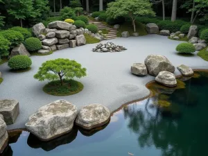 Peninsula Rock Garden - Aerial view of a peninsula-style zen garden extending into a pond, featuring weathered rocks and raked gravel patterns that mirror water ripples