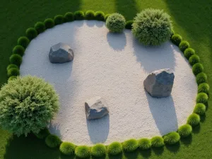 Pocket Zen Garden - Aerial view of a compact 6x6 foot zen garden with raked gravel patterns, three standing stones, and dwarf mondo grass borders