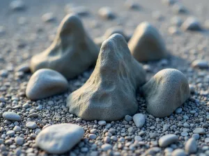 Rock Arrangement Close-up - Artistic close-up of weathered rocks carefully arranged to represent mountains and islands, surrounded by precisely raked gravel ripples