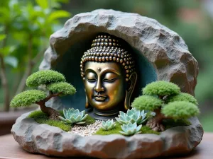 Rock Garden Buddha Sanctuary - Close-up of a bronze Buddha head emerging from a sculptural rock arrangement with cascading succulents and small bonsai trees