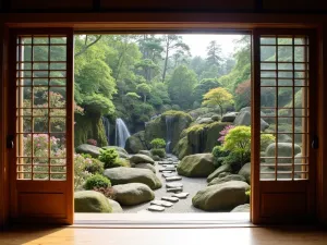 Rock Garden Tea House View - View from a traditional tea house overlooking a meticulously maintained rock garden with moss-covered stones and seasonal azalea accents