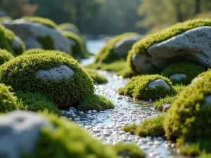 Rock and Moss Garden - Close-up view of sculptural rocks emerging from a carpet of various types of moss, with small white pebbles creating a flowing pattern, soft lighting