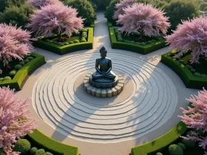 Sacred Buddha Grove - Aerial view of a circular garden design with a central Buddha statue surrounded by concentric circles of raked gravel and cherry blossom trees