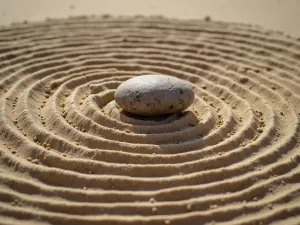 Sand Pattern Detail - Detailed close-up of intricate sand patterns created with a wooden rake, showing perfect parallel lines and concentric circles around a single smooth stone