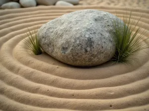 Sand Wave Patterns - Close-up detail of meticulously raked sand patterns creating concentric circles around a large weather-worn boulder, with small mondo grass accents