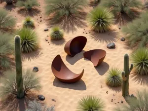 Sculptural Desert Garden - Aerial view of abstract cor-ten steel sculptures among carefully placed saguaro cacti and geometric sand patterns