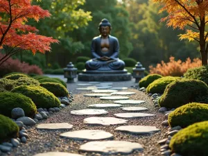 Serene Buddha Garden Path - A peaceful stone path leading to a bronze Buddha statue, surrounded by carefully raked gravel patterns, dwarf Japanese maples, and moss gardens in soft morning light