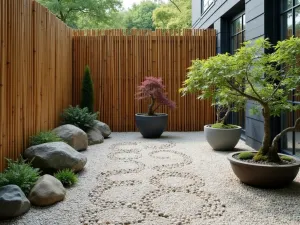 Small Space Zen Garden - Compact zen garden design perfect for urban spaces, featuring vertical bamboo screens, potted bonsai, and a small gravel area with simple rake patterns