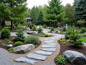 Stepped Rock Garden - Wide shot of a terraced front yard zen garden with multiple levels of carefully arranged rocks, gravel, and miniature conifers creating a mountain-like landscape