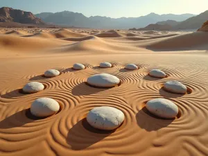 Stone and Sand Meditation - Wide-angle view of large meditation stones placed in precise geometric patterns within swirling sand designs, surrounded by desert verbena