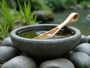 Stone Basin Garden - Close-up of a traditional stone water basin (tsukubai) with bamboo ladle, surrounded by smooth river rocks and low-growing sedges