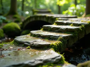 Stone Bridge Detail - Close-up detail of a curved stone bridge over a small stream, with carefully placed stepping stones and moss growing between cracks, dappled sunlight