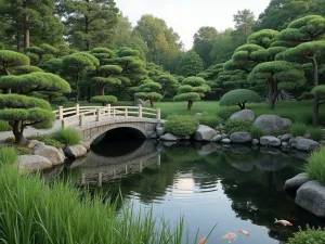 Stone Bridge Reflection - A curved stone bridge over a small koi pond, reflecting in still water, surrounded by Japanese forest grass and cloud-pruned bushes, wide angle view