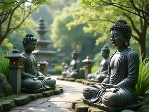 Stone Buddha Sanctuary - Wide-angle view of multiple stone Buddha statues arranged in a peaceful garden setting with mondo grass and stone lanterns