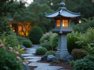 Stone Lantern Feature - Traditional stone lantern as a focal point in a front yard zen garden, surrounded by azaleas and ferns, captured at dusk with subtle lighting