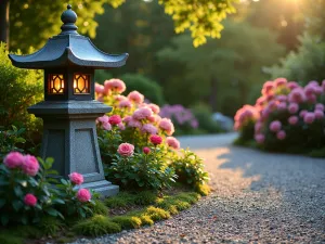 Stone Lantern Focus - Traditional granite lantern nestled among azaleas and moss, with soft evening light casting long shadows across raked gravel