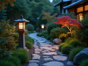 Stone Lantern Path - A traditional granite lantern illuminating a winding stone path, bordered by dwarf Japanese maples and ornamental grasses, creating peaceful evening ambiance, wide angle view