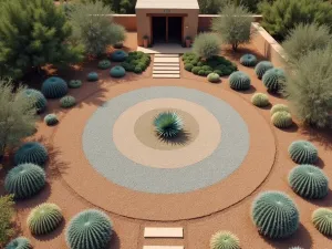 Succulent Zen Meditation Space - Aerial view of a circular desert zen garden featuring concentric rings of different colored gravel, dotted with blue agave and barrel cacti, surrounding a central meditation pavilion