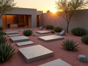 Sunset Zen Courtyard - Aerial view of a desert zen courtyard at sunset, featuring geometric concrete platforms floating over red gravel, with ghost plant succulents and smooth river stones