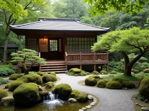 Tea House Garden View - Traditional wooden tea house overlooking a serene zen garden with moss-covered stones, bamboo water feature, and carefully pruned azaleas