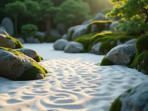 Traditional Rock Garden Overview - A peaceful traditional Japanese zen garden with carefully raked white sand patterns around weathered rocks, with moss patches providing soft green accents, captured in soft morning light