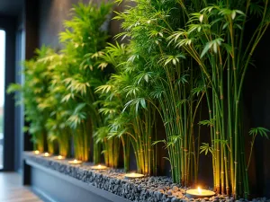 Vertical Zen Wall Garden - Close-up of a modern vertical garden wall featuring cascading bamboo, small stone basins, and LED lighting against a dark charcoal background