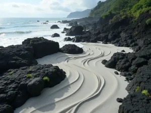 Wave Pattern Rock Garden - Wide angle view of an elaborate wave pattern raked into silver sand, flowing around carefully placed dark volcanic rocks, with small ferns growing in the shadows