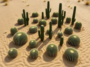 Zen Cactus Grove - Aerial view of a geometric arrangement of various barrel cacti and columnar cacti, creating natural sculptures in raked sand