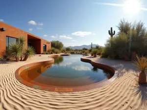 Zen Desert Water Feature - Wide-angle view of a modern cor-ten steel water basin reflecting the sky, surrounded by sculptural desert plants and raked sand patterns