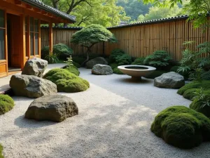 Zen Garden Elements - Educational perspective showing the essential elements of a zen garden: raked gravel, carefully placed rocks, moss, bamboo fence, and stone basin