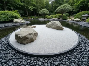 Zen Garden Island - Wide angle view of a raised circular zen garden island featuring weathered limestone rocks and silver sand, surrounded by a moat of polished black pebbles