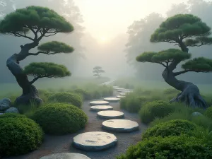 Zen Garden Path - Winding stepping stone path through a misty zen garden, flanked by cloud-pruned boxwood and Japanese forest grass, early morning atmosphere